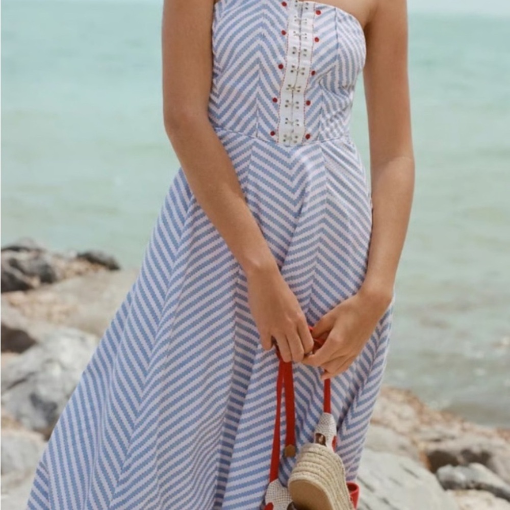 Maeve Strapless Blue and White Midi Dress